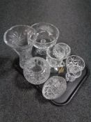 A tray containing assorted lead crystal glassware to include vases, twin handled goblet, basket,