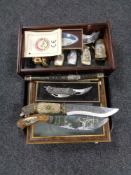 A tray containing 12 assorted reproduction hunting knives to include Franklin Mint,