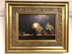 Josef Szabo (Contemporary) Still life of grapes and peaches, oil on panel, signed, 17cm by 12cm.