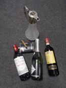 A cut glass and silver plated claret jug together with two bottles of wine and a bottle of Alliance