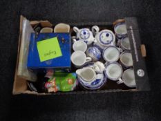 A box containing Ringtons blue and white china, tea ware etc.