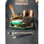 A box containing reproduction sword, barometer, table lamp with shade, banker's lamp,