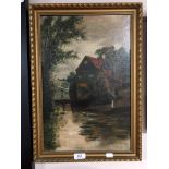 A gilt framed oil on canvas, figure by a water mill, signed J. Bagnell.