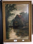 A gilt framed oil on canvas, figure by a water mill, signed J. Bagnell.