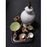 A tray of ceramics to include Maling storm pattern vase, large ceramic table lamp,