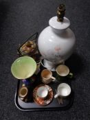 A tray of ceramics to include Maling storm pattern vase, large ceramic table lamp,