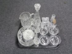 A tray containing twentieth century glassware to include assorted drinking glasses, bowl, jug,