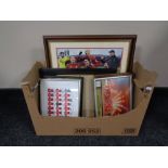 A box containing Liverpool football memorabilia to include a Mo Salah montage,
