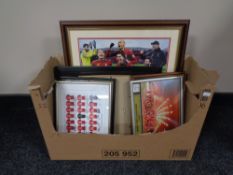 A box containing Liverpool football memorabilia to include a Mo Salah montage,