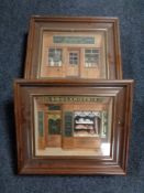 Two display frames containing shop fronts Boulangerie and Pharmacie.