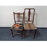 An Edwardian bedroom chair together with a further rush seated chair.
