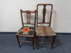 An Edwardian bedroom chair together with a further rush seated chair.