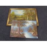 A gilt framed oil on canvas woodland scene, signed J.