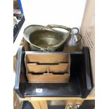 A brass coal bucket together with an Edwardian stationary stand and book trough.