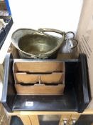 A brass coal bucket together with an Edwardian stationary stand and book trough.