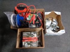 Two boxes and a wooden crate containing halogen flood lights, car jump starters, car buffer,