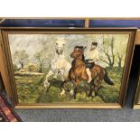Continental School : Gentleman on horseback, oil on canvas, 99 cm x 69 cm, framed.