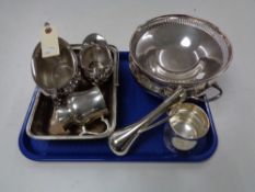 A tray of twentieth century plated wares, Sheffield plate, Milk jug and sugar basin, tankards,