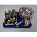 A tray of twentieth century plated wares, Sheffield plate, Milk jug and sugar basin, tankards,