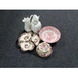 A tray containing Mason's lidded trinket pots, serving dish and side plates,