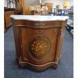 A reproduction French shaped front kingwood veneered and marquetry inlaid side cabinet with marble