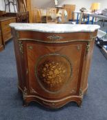 A reproduction French shaped front kingwood veneered and marquetry inlaid side cabinet with marble