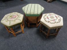 Two hexagonal tapestry upholstered foot stools together with a further oak storage box with