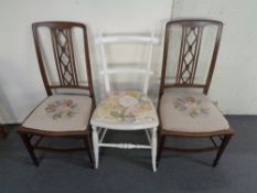 A pair of antique mahogany tapestry seated bedroom chairs together with a further painted bedroom