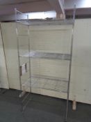 A wire metal shelving unit