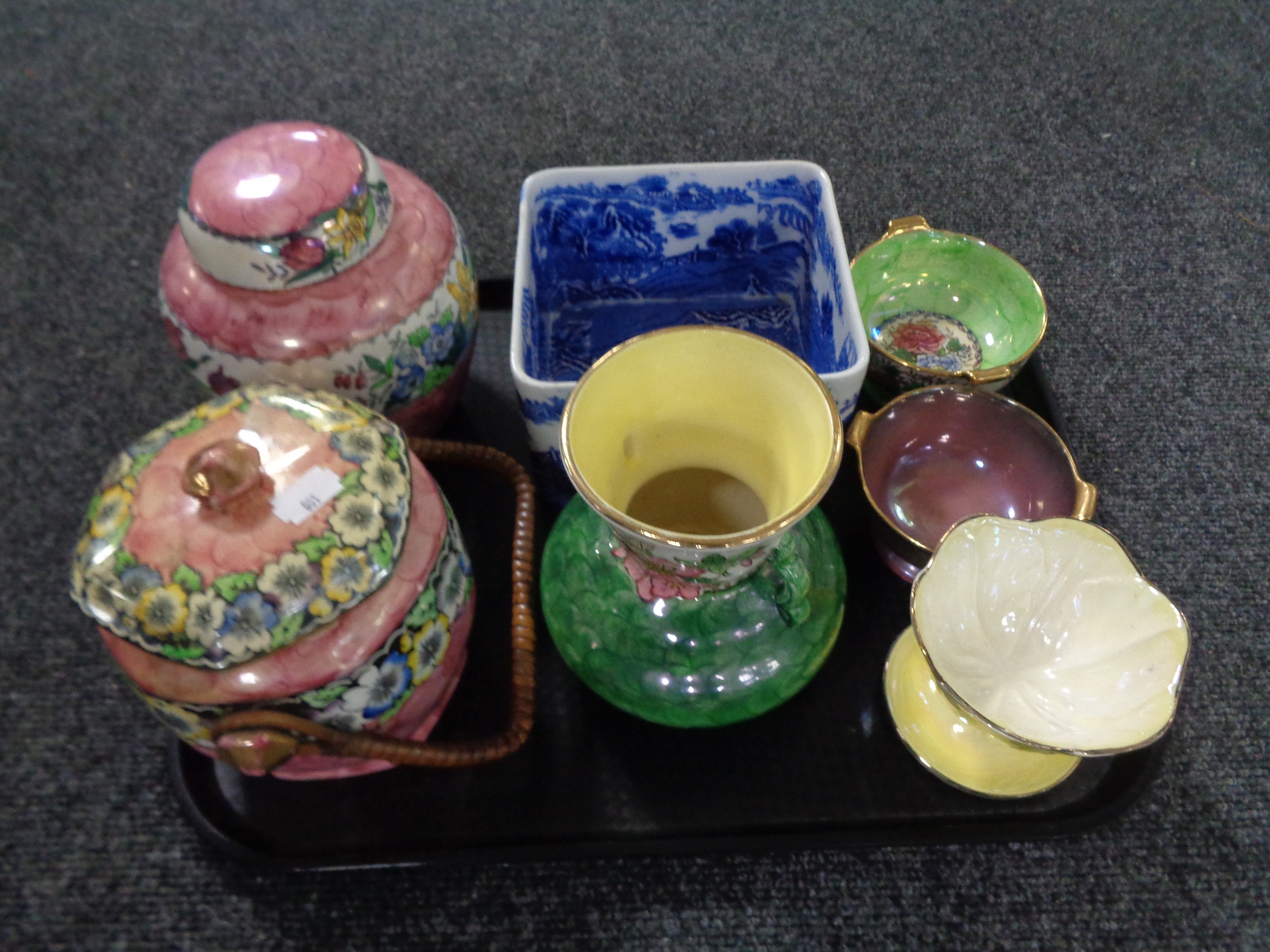 A tray of seven pieces of Maling, ginger jars, vases,