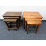 A nest of three pine tables together with a nest of three oak tables.