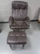 A late twentieth century brown leather and tubular metal adjustable armchair with footstool