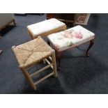 A pine dressing table stool together with a carved beech dressing table stool and a further pine