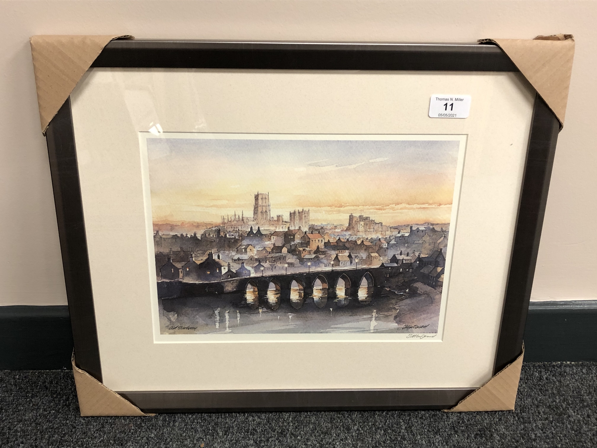 After Tom MacDonald : Old Durham, reproduction in colours, signed in pencil, 21 cm by 30 cm, framed.