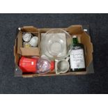 A box of Gordons gin bottle, Sweet dispenser, Maling lustre tea plate and cup etc.