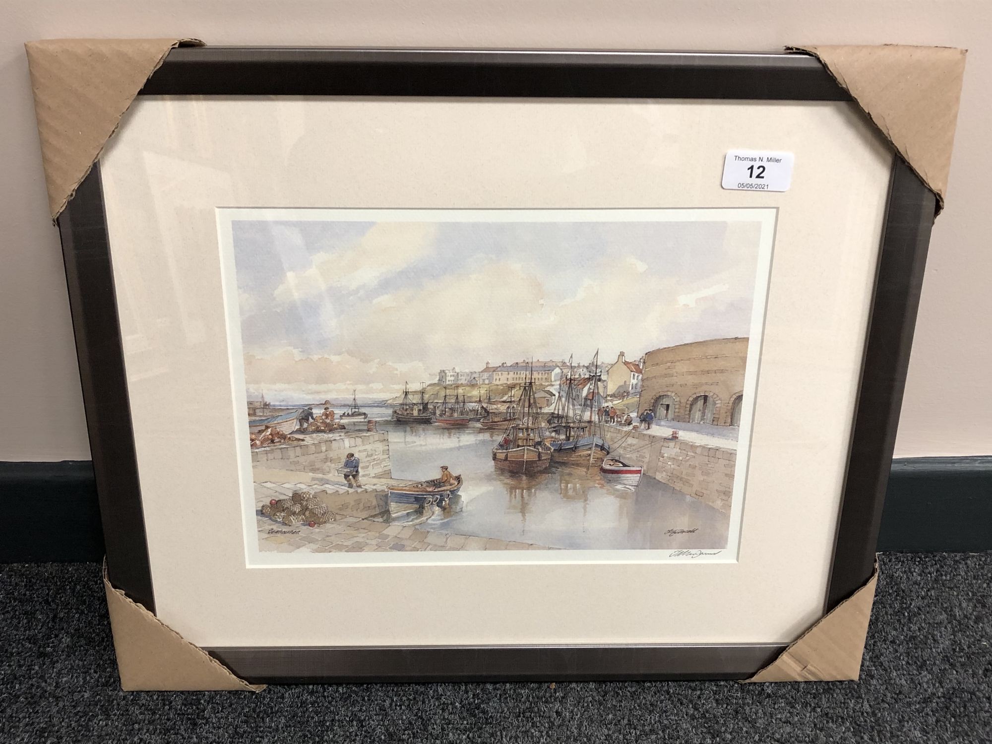 After Tom MacDonald : Seahouses, reproduction in colours, signed in pencil, 21 cm by 30 cm, framed.