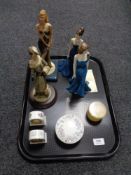 A tray containing figurines to include Coalport 'Sheer Elegance' and Ladies of Fashion 'Sophie',