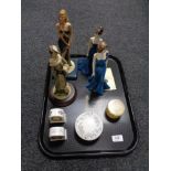 A tray containing figurines to include Coalport 'Sheer Elegance' and Ladies of Fashion 'Sophie',