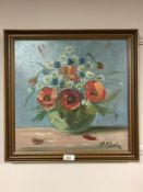 Continental School : Still life with flowers in a bowl, oil on board, 40 cm x 39 cm, framed.