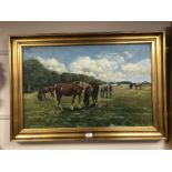 Continental School : Horse in a field, oil on canvas, 80 cm x 50 cm, indistinctly signed, framed.