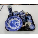 A tray of assorted china, character jugs, Willow pattern pin dishes,