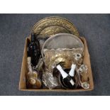 A box containing assorted plated wares, pair of brass embossed wall plaques, bottles of Asti,