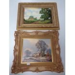 Two Vincent Selby oils on board, Shire horse on a rural lane and a Winter farmstead, in gilt frames.