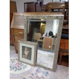 A decorative gilt framed bevel edged overmantel mirror together with a framed photograph of an owl.