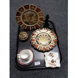 A tray containing two Royal Crown Derby plates on stands (one restored),