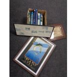 A box containing hardback fishing books together with three framed fishing prints.