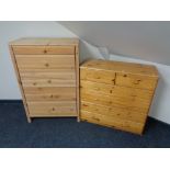 A contemporary pine five drawer chest together with further six drawer chest.