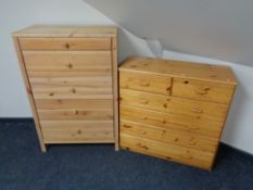 A contemporary pine five drawer chest together with further six drawer chest.