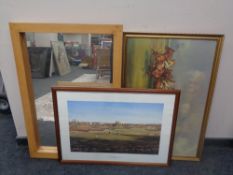 A contemporary pine framed mirror together with two further framed prints,