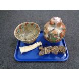 A tray containing oriental wares to include a crackle glaze bowl depicting Geishas,